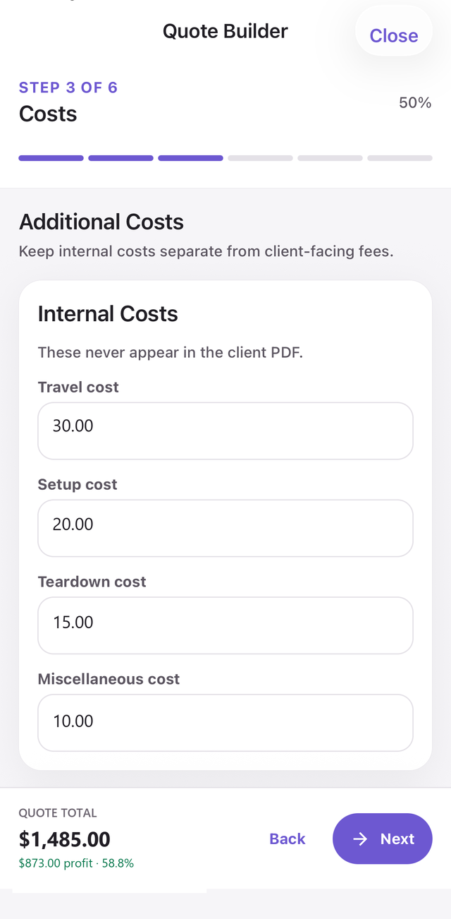 DecorQuote pricing screen showing client total, internal cost, profit, margin and markup