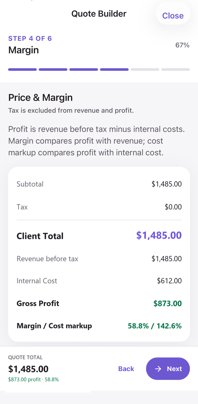 DecorQuote app showing the selling price, internal cost, gross profit and margin for a balloon decor quote