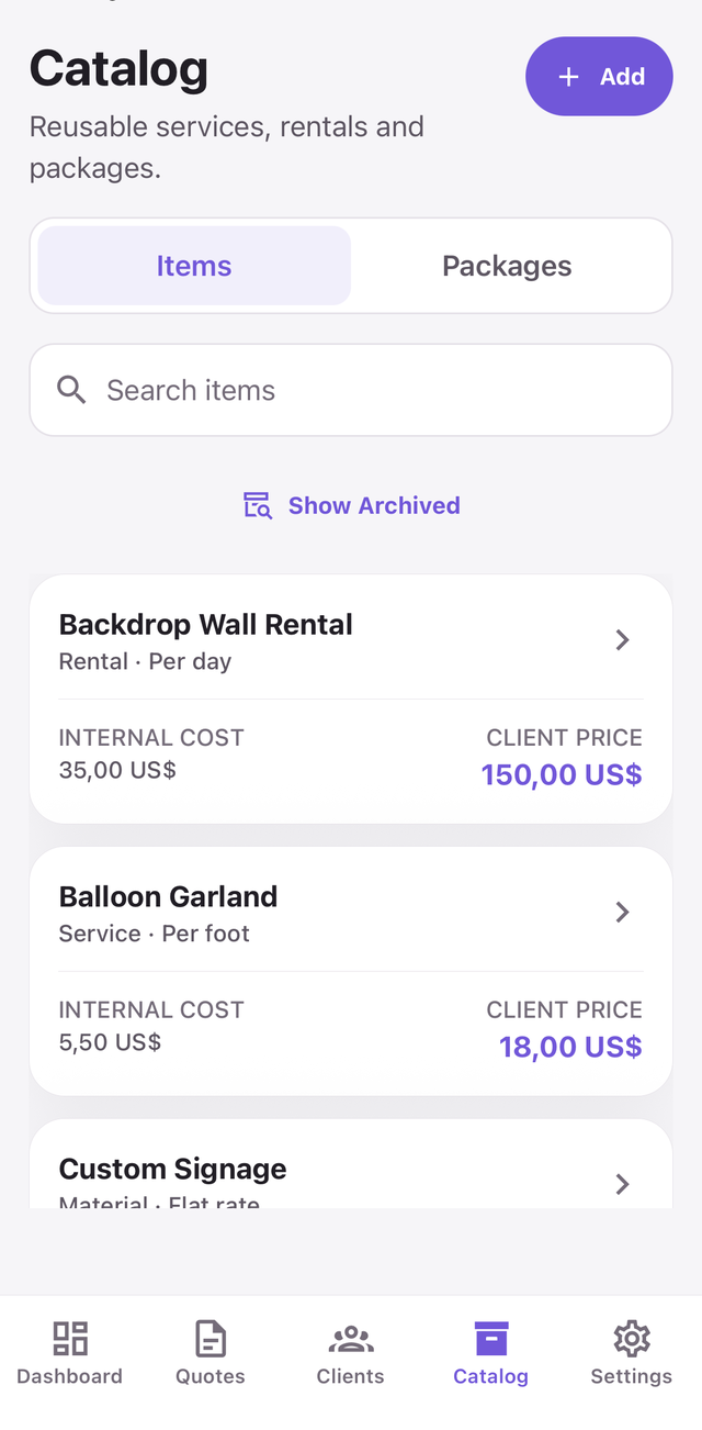 DecorQuote reusable catalog for balloon garlands, backdrops, rentals and decor packages