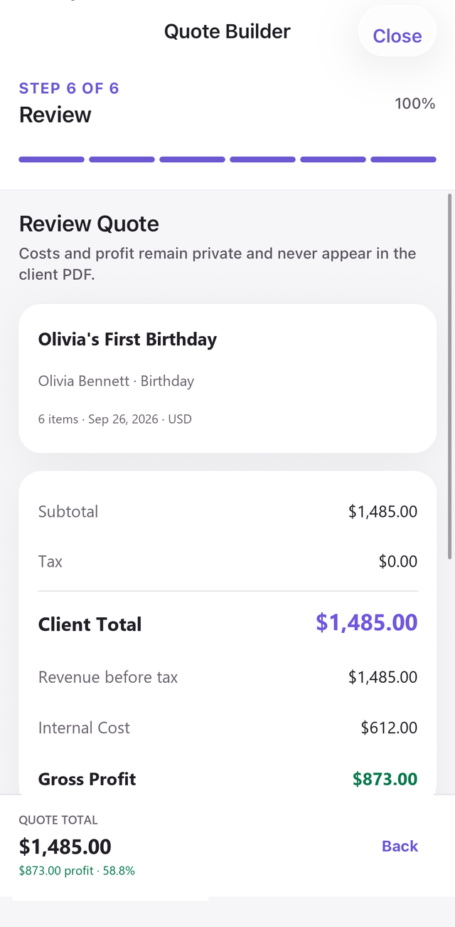 Professional PDF estimate generated by DecorQuote for an event decor client